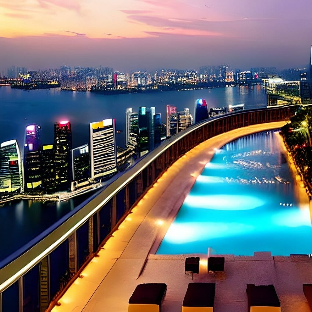 A luxurious hotel overlooking the city skyline and Marina Bay