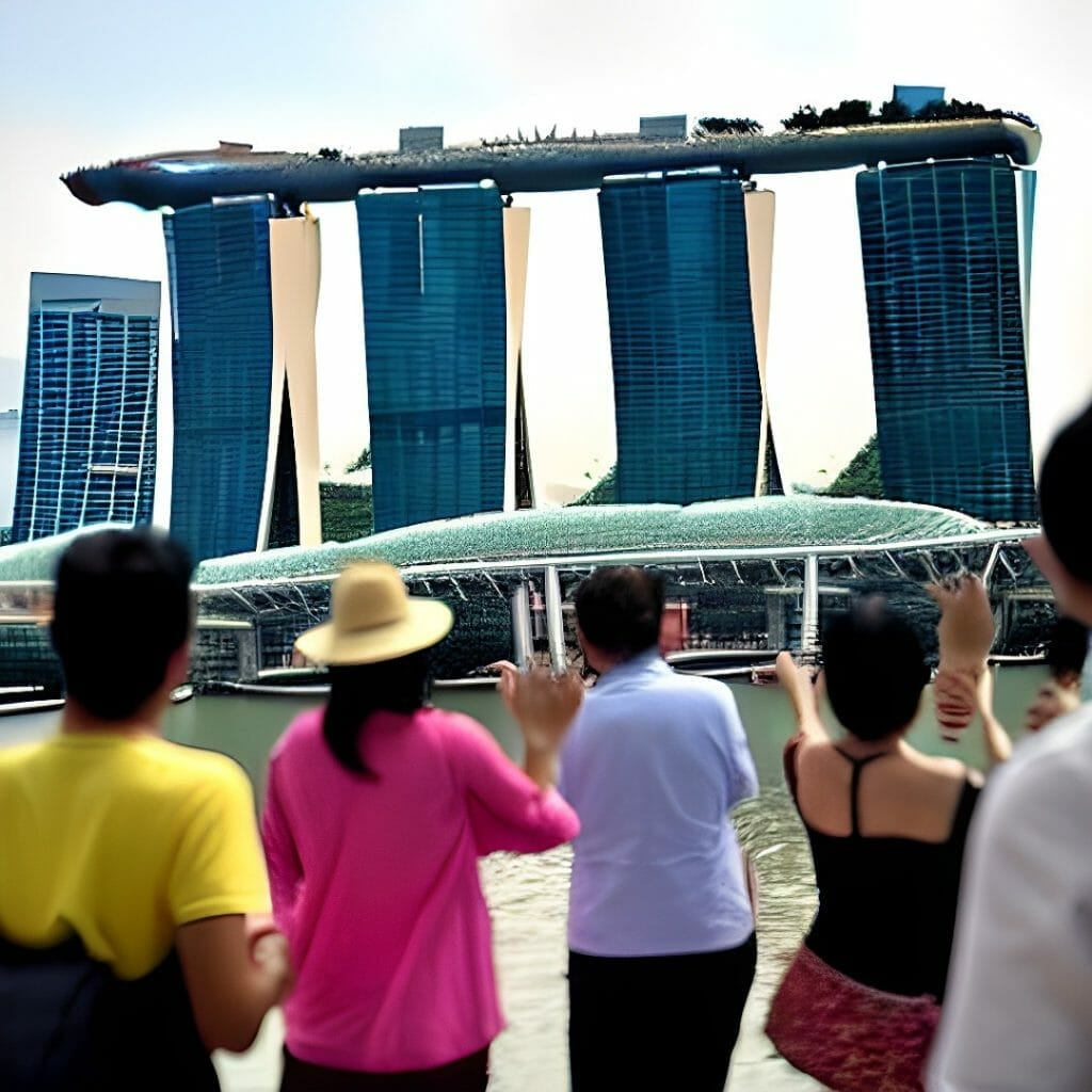 A tour guide leads a group of tourists around a scenic view of Singapore's famous Marina Bay Sands casino